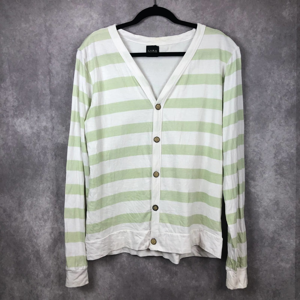 ZARA Collection Striped Cardigan Button Up Sweater Womens Seafoam‎ Green White L